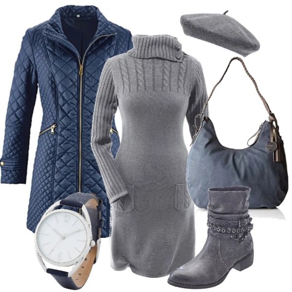 Outfit donna - Il calore della maglia. Stile Basic per Scuola/Università. Abbinamento con blazer, vestito in in maglia con bottoni grigio, stivali con cinturino grigio, sciarpa copricapo grigio, orologio blu, borsetta navy.
