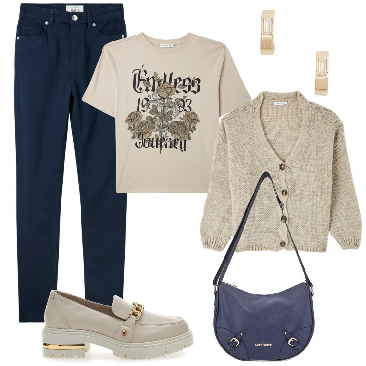Outfit donna - Comoda al lavoro. Stile Casual per Ufficio. Abbinamento con pantaloni skinny, cardigans, t-shirt, orecchini, mocassini, borse a tracolla.