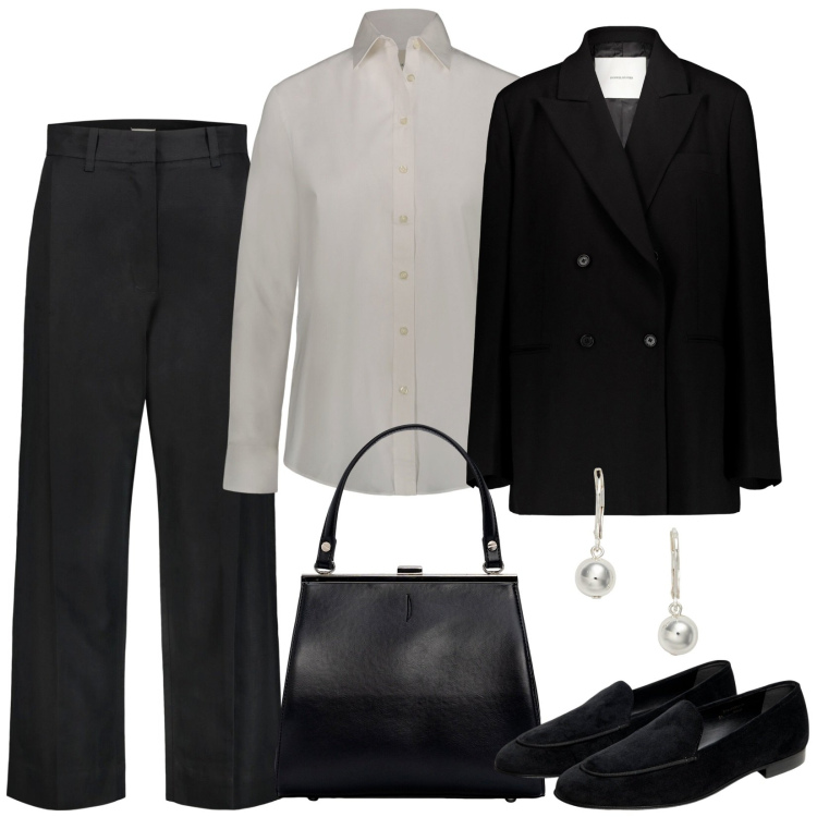 Outfit donna - Mannish con le perle. Stile Mannish per Ufficio. Abbinamento con orecchini, mocassini, pantaloni, blazer, clutch, camicie.
