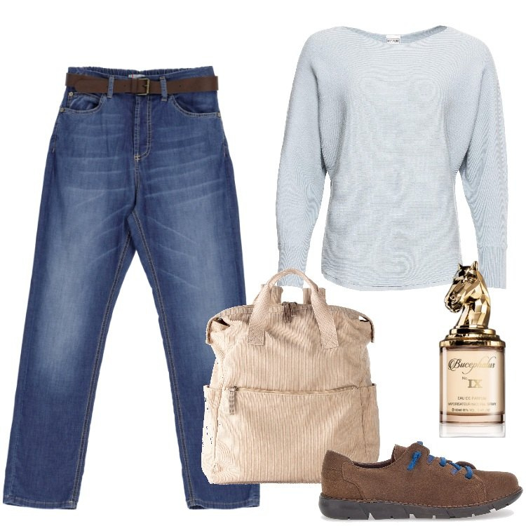 Outfit donna - Total look #1951879. Stile Minimal per Tutti i giorni. Abbinamento con maglieria, zaini, profumi, jeans, scarpe stringate.