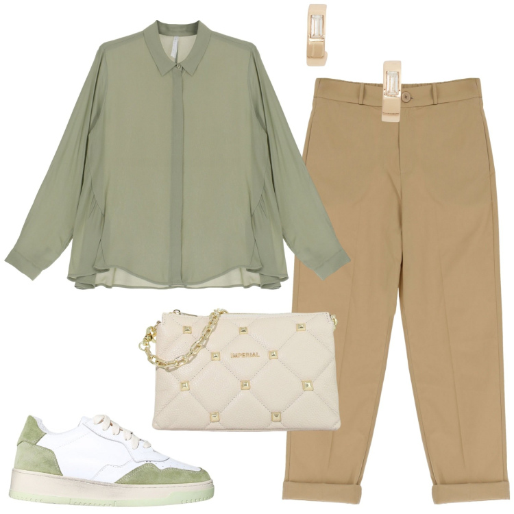 Outfit donna - Verde salvia. Stile Casual per Ufficio. Abbinamento con pantaloni, camicie, sneakers, pochette, orecchini.