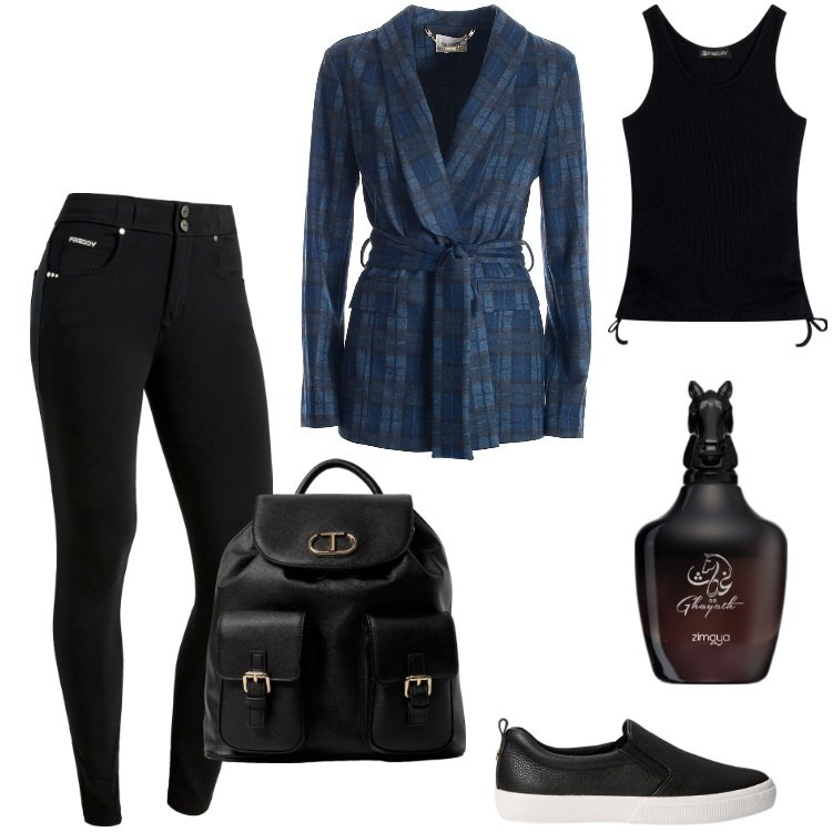 Outfit donna - Total look #1951884. Stile Sporty chic per Tutti i giorni. Abbinamento con profumi, blazer, pantaloni skinny, canottiere, sneakers, zaini.
