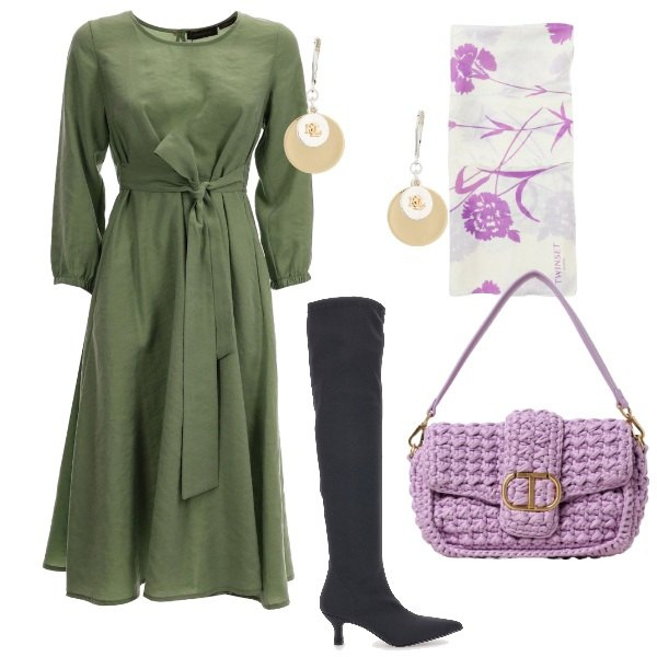 Outfit donna - Per il rientro in città. Stile Romantica per Ufficio. Abbinamento con orecchini, stivali, sciarpe, vestiti lunghi, borse a mano.