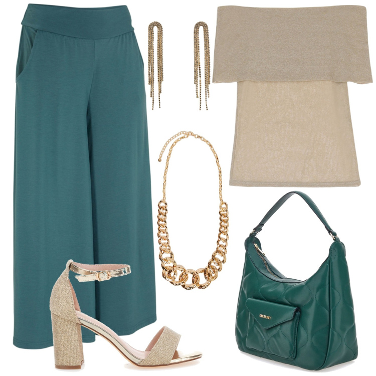 Outfit donna - L\'estate sta finendo..... Stile Romantica per Serata fuori. Abbinamento con pantaloni culotte, orecchini, top, sandali col tacco, borse a spalla, collane.