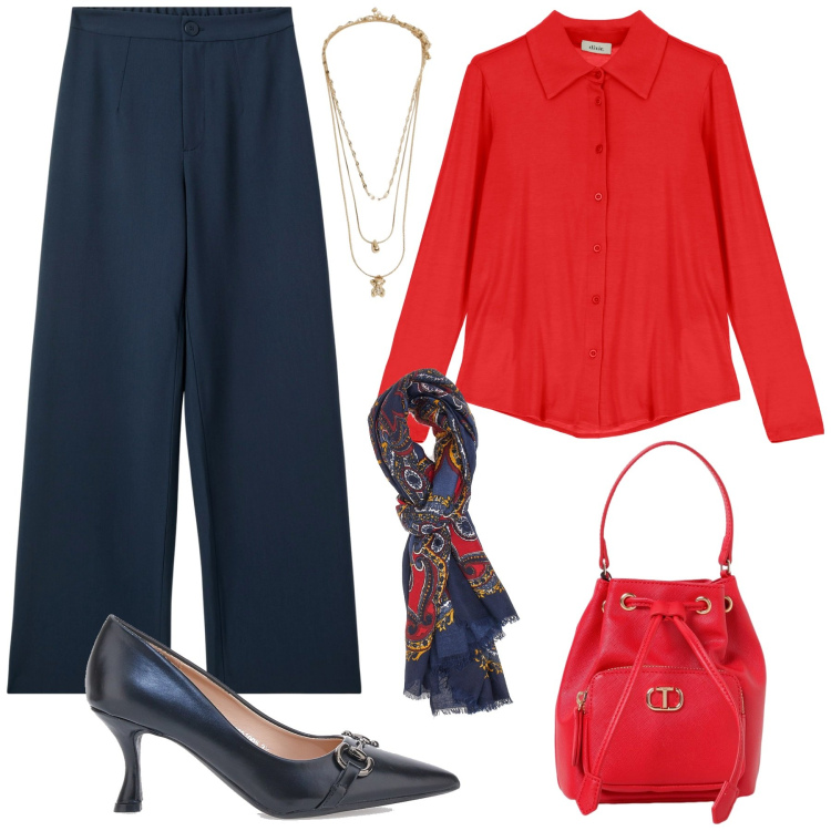 Outfit donna - Classica in ufficio. Stile Bon Ton per Ufficio. Abbinamento con pantaloni, ciondoli, camicie, foulard, borse a secchiello, décolleté.