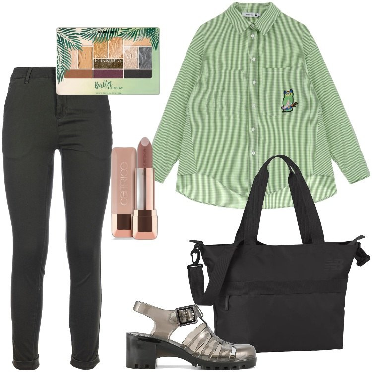 Outfit donna - Total look #1951903. Stile Urban per Tutti i giorni. Abbinamento con ombretti, rossetti, borse tote, camicie, pantaloni, sandali col tacco.