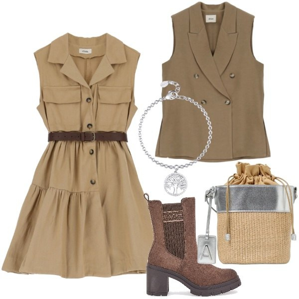 Outfit donna - Colori del deserto. Stile 70s per Tutti i giorni. Abbinamento con braccialetti con ciondoli, vestiti corti, gilet, stivaletti chelsea, borse a mano.