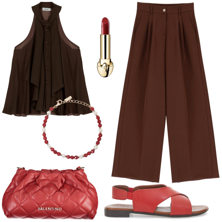 Outfit donna - Verso fine estate. Stile Chic per Serata fuori. Abbinamento con rossetti, braccialetti, pantaloni a palazzo, top, sandali, borse a mano.