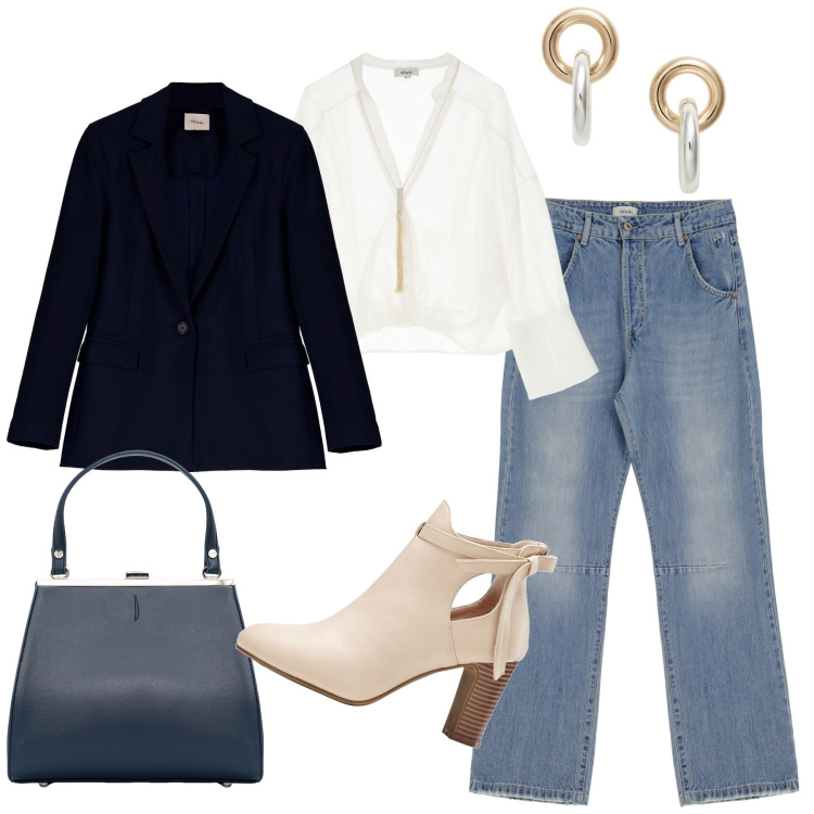 Outfit donna - Transition summer to fall. Stile Urban per Tutti i giorni. Abbinamento con stivaletti, blazer, jeans, bluse, orecchini, clutch.