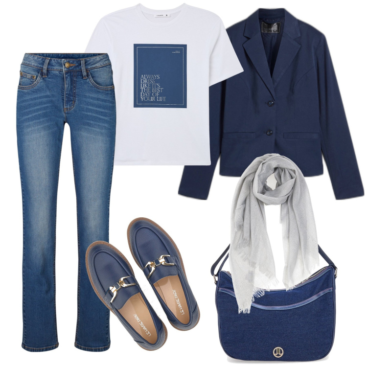 Outfit donna - Blazer e jeans !. Stile Trendy per Tutti i giorni. Abbinamento con jeans dritti, blazer, t-shirt, foulard, mocassini, borse a tracolla.