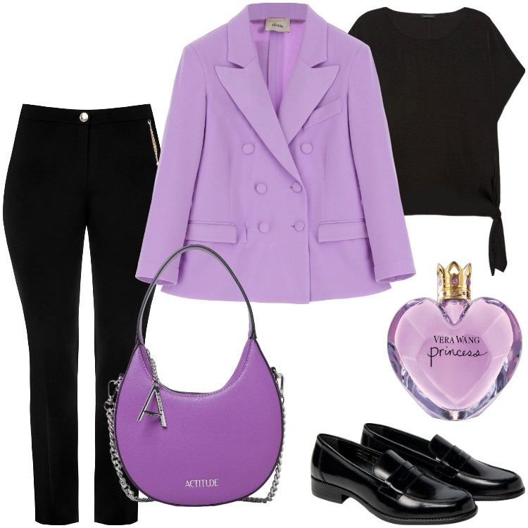 Outfit donna - Total look #1951937. Stile Casual chic per Ufficio. Abbinamento con bluse, profumi, pantaloni, blazer, mocassini, borse a spalla.