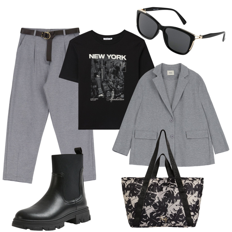Outfit donna - I pantaloni baloon con i Chelsea boots. Stile Urban per Tutti i giorni. Abbinamento con occhiali da sole, stivaletti chelsea, t-shirt, shopping bag, pantaloni, blazer.