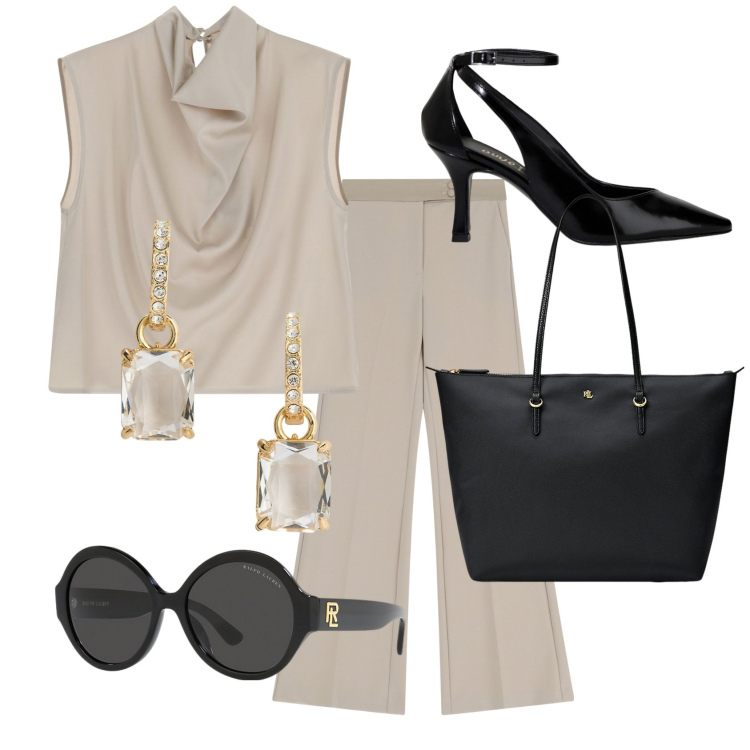 Outfit donna - Minimal meeting. Stile Minimal per Ufficio. Abbinamento con top, pantaloni, décolleté, borse tote, orecchini, occhiali da sole.