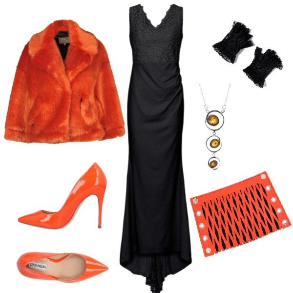 Outfit donna - Una strega chic. Stile Chic per Serata fuori. Abbinamento con vestito, ecopelliccia, décolleté, borsa da viaggio taglia unica arancione, guanti con pizzo in denim con volant, collane.
