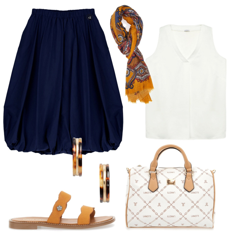 Outfit donna - In città. Stile Glamour per Tutti i giorni. Abbinamento con gonne longuette, orecchini, top, borse a mano, sciarpe, ciabatte.