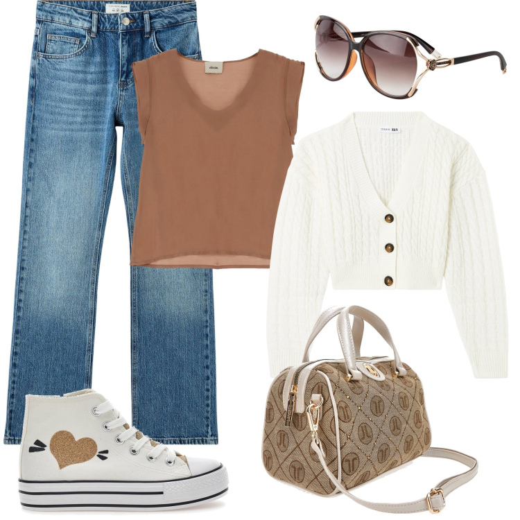 Outfit donna - Con le amiche in centro. Stile Casual per Tutti i giorni. Abbinamento con occhiali da sole, cardigans, jeans slim fit, canottiere, sneakers, borse a mano.
