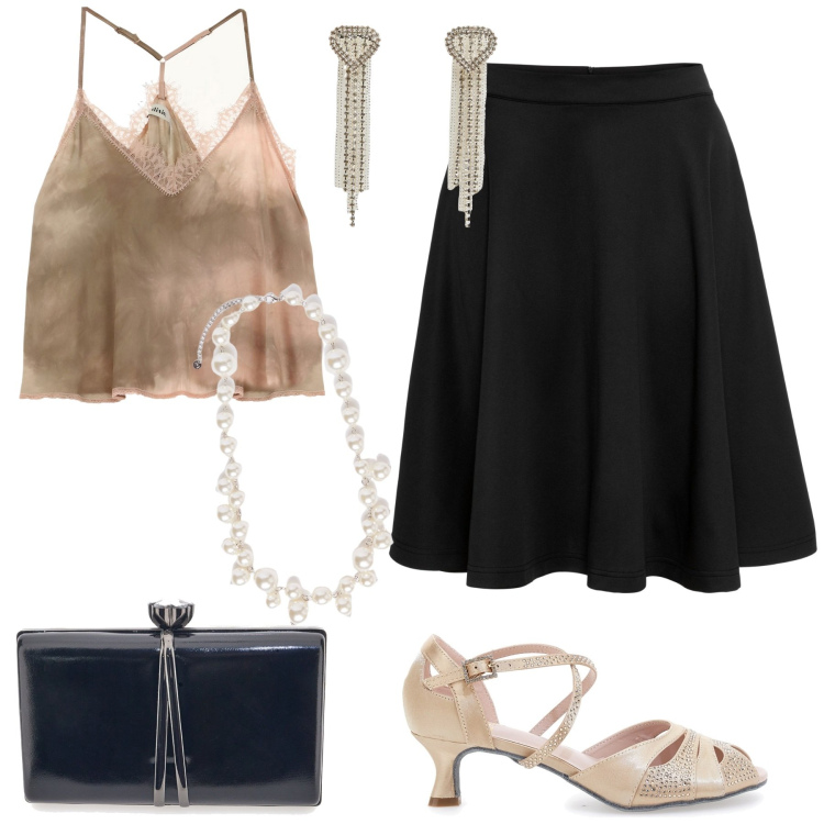 Outfit donna - Stasera si balla..... Stile Chic per Serata fuori. Abbinamento con gonne, orecchini, top, pochette, collane, décolleté.