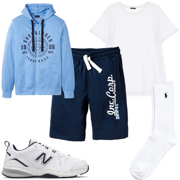 Outfit uomo - Sportivo. Stile Casual per Tutti i giorni. Abbinamento con bermuda, felpe con cappuccio, sneakers, t-shirt, calzini.