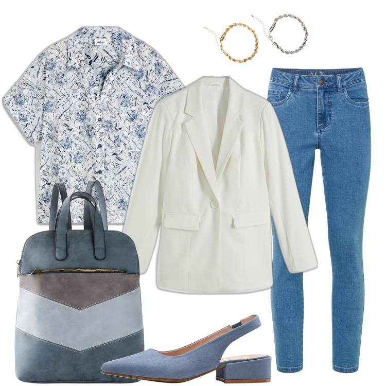 Outfit donna - Camicia floreale. Stile Basic per Tutti i giorni. Abbinamento con décolleté, zaini, jeans skinny, blazer, camicie a manica corta, braccialetti.