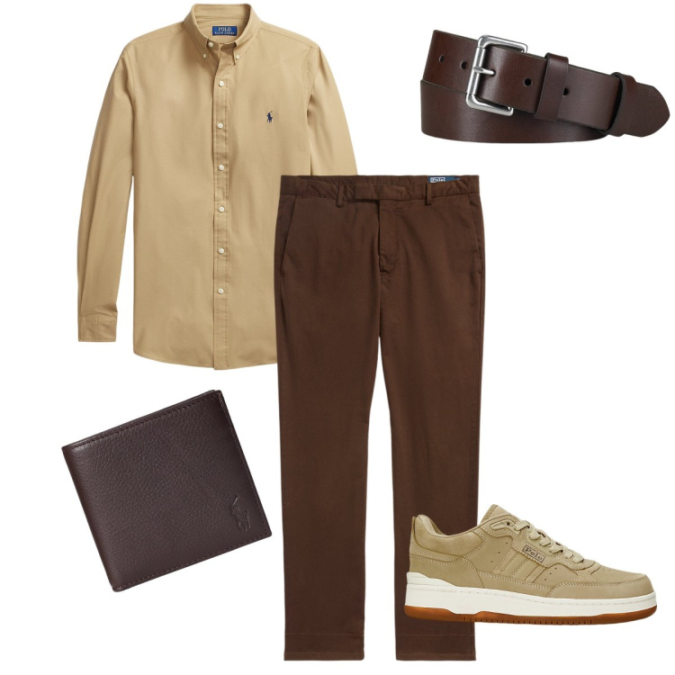 Outfit uomo - Tra il beige e il marrone. Stile Casual per Tutti i giorni. Abbinamento con portafogli, cinture, camicie, sneakers, pantaloni.
