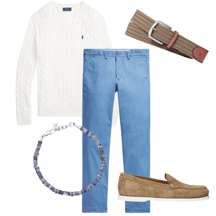 Outfit uomo - Il maglioncino a trecce. Stile Trendy per Tutti i giorni. Abbinamento con braccialetti, cinture, scarpe stringate, pantaloni, maglieria.