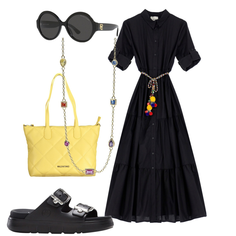 Outfit donna - City. Stile Urban per Tutti i giorni. Abbinamento con ciabatte, collane, vestiti lunghi, occhiali da sole, borse a spalla.