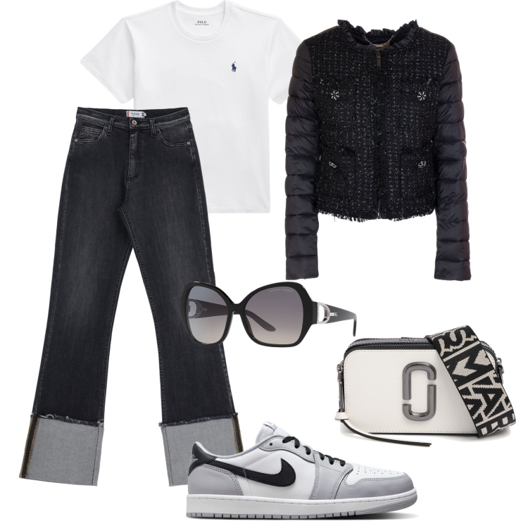 Outfit donna - Il giubbino gioiello con i jeans. Stile Sporty chic per Tutti i giorni. Abbinamento con blazer, jeans dritti, occhiali da sole, t-shirt, sneakers, borse a spalla.