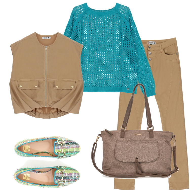 Outfit donna - Please. Stile Casual per Tutti i giorni. Abbinamento con pullovers, pantaloni, gilet, mocassini, borse a spalla.