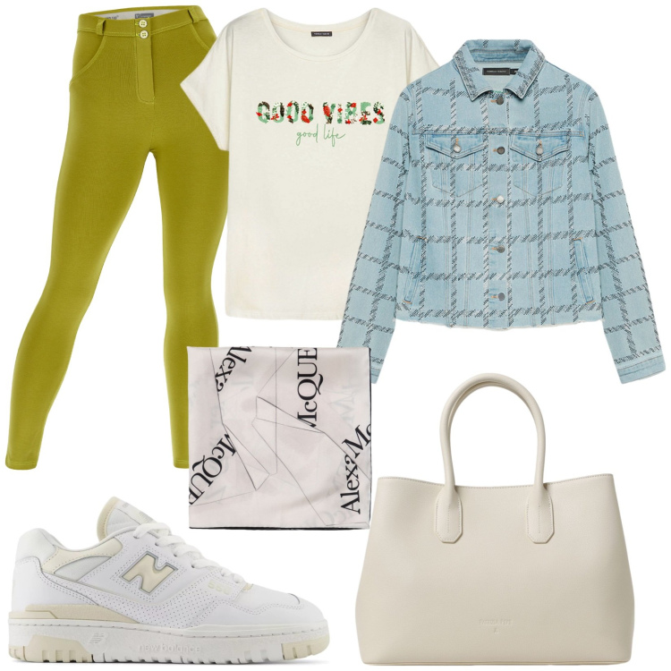 Outfit donna - Color senape. Stile Sporty chic per Ufficio. Abbinamento con sneakers, pantaloni skinny, foulard, blazer, borse a mano, t-shirt.
