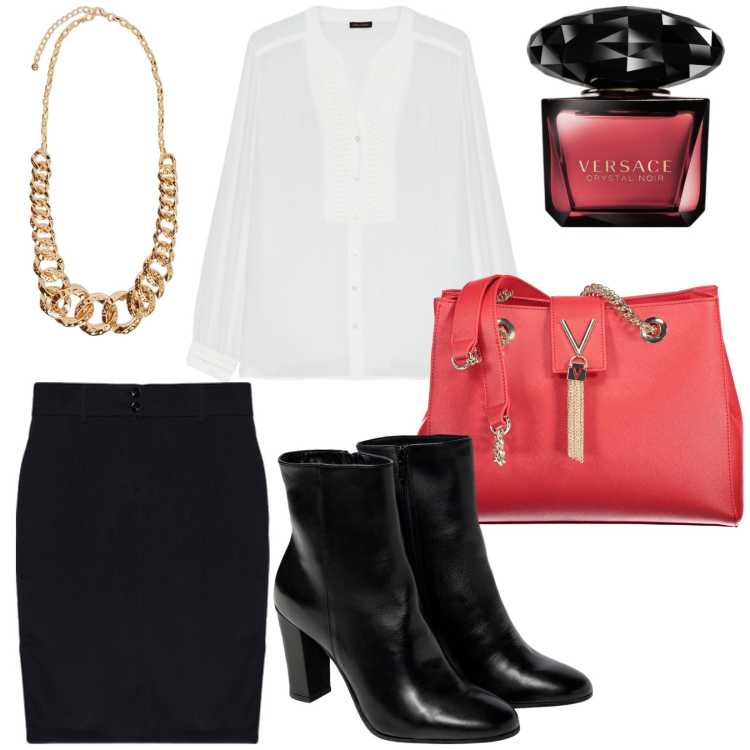 Outfit donna - Total look #1952103. Stile Chic per Ufficio. Abbinamento con profumi, borse a spalla, bluse, stivaletti, gonne, collane.