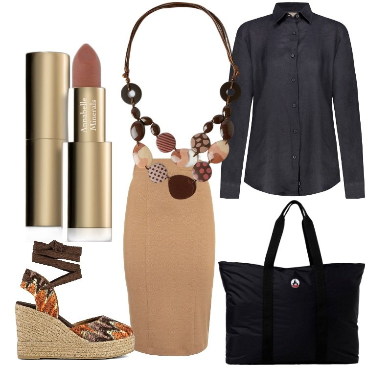 Outfit donna - Riunione al vertice. Stile Chic per Ufficio. Abbinamento con rossetti, camicie, gonne lunghe, sandali col tacco, collane, borse tote.