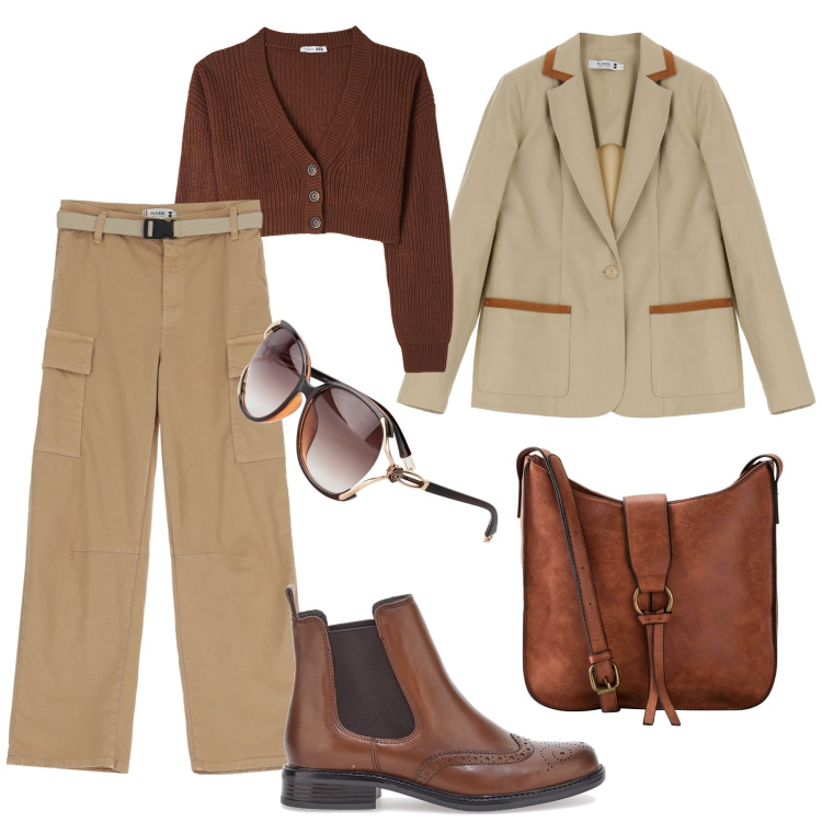 Outfit donna - Country rivisitato per la città. Stile Urban per Tutti i giorni. Abbinamento con borse a tracolla, occhiali da sole, cardigans, blazer, pantaloni cargo, stivaletti chelsea.