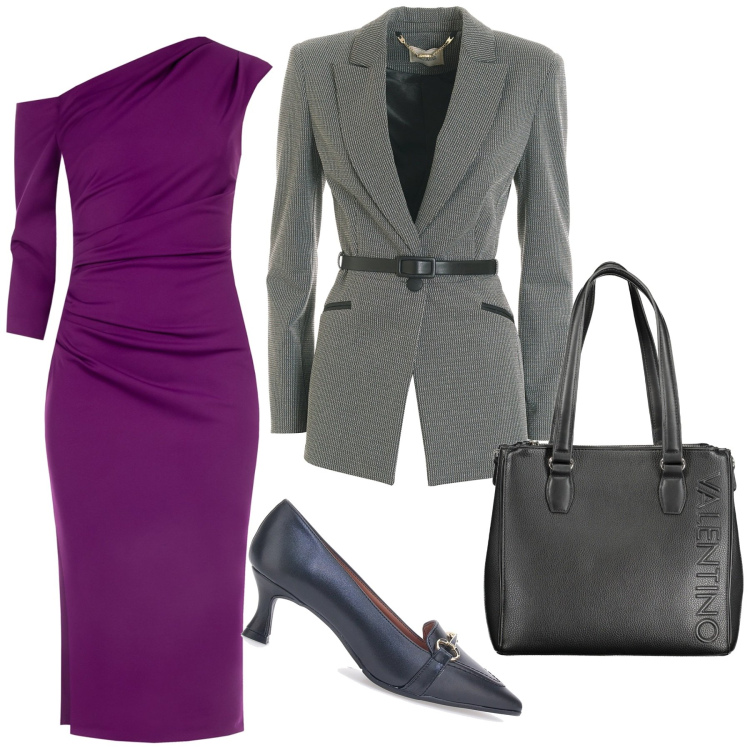 Outfit donna - Prime serate autunnali. Stile Glamour per Serata fuori. Abbinamento con vestiti asimmetrici, blazer, décolleté, borse a spalla.