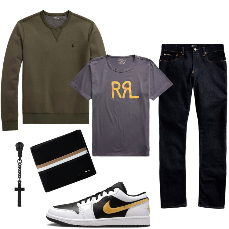 Outfit uomo - Cross earing. Stile Urban per Tutti i giorni. Abbinamento con t-shirt, jeans, felpe, orecchini, portafogli, sneakers.