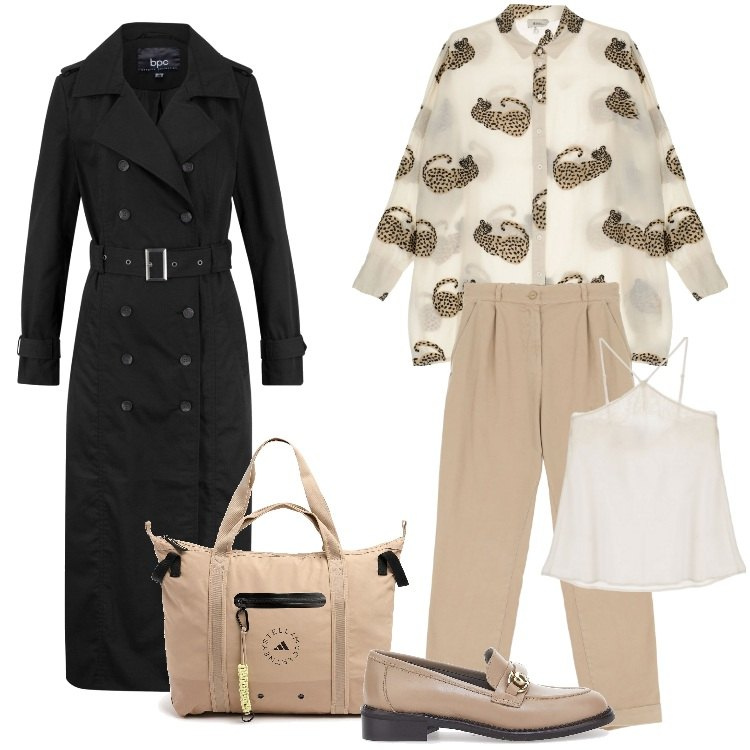 Outfit donna - Total look #1952157. Stile Urban per Ufficio. Abbinamento con trench, pantaloni chino, top, camicie, shopping bag, mocassini.
