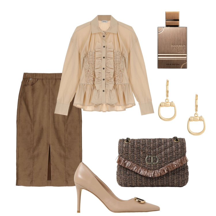 Outfit donna - Spacco e rouches in ufficio. Stile Bon Ton per Ufficio. Abbinamento con profumi, gonne longuette, camicie, orecchini, borse a spalla, décolleté.