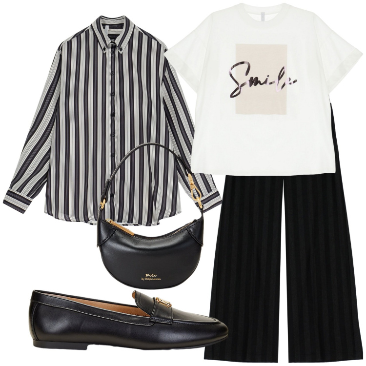 Outfit donna - Formale e di classe. Stile Mannish per Ufficio. Abbinamento con pantaloni, camicie, t-shirt, mocassini, portafogli.