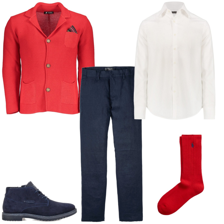 Outfit uomo - La giacca rossa in maglia. Stile Casual per Ufficio. Abbinamento con pantaloni, calzini, cardigans, scarpe stringate, camicie.