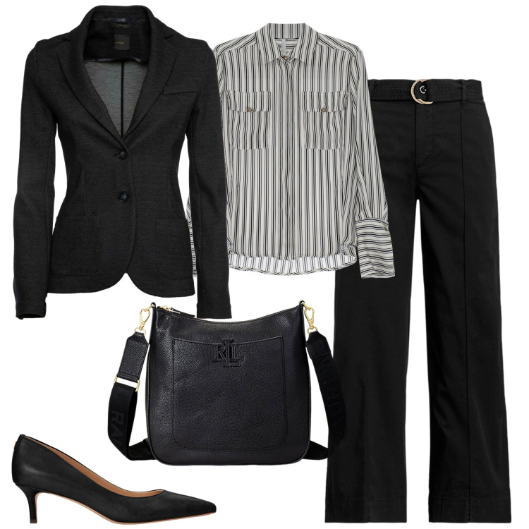 Outfit donna - City. Stile Minimal per Tutti i giorni. Abbinamento con camicie, décolleté, pantaloni, borse a tracolla, blazer.