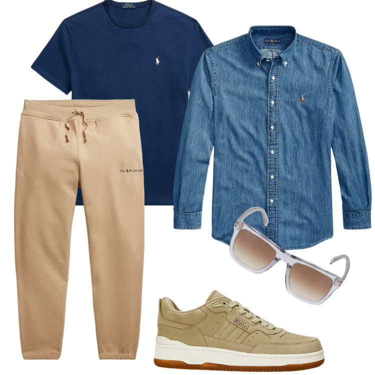 Outfit uomo - La classica camicia in jeans. Stile Trendy per Tutti i giorni. Abbinamento con t-shirt, pantaloni, camicie, sneakers, occhiali da sole.