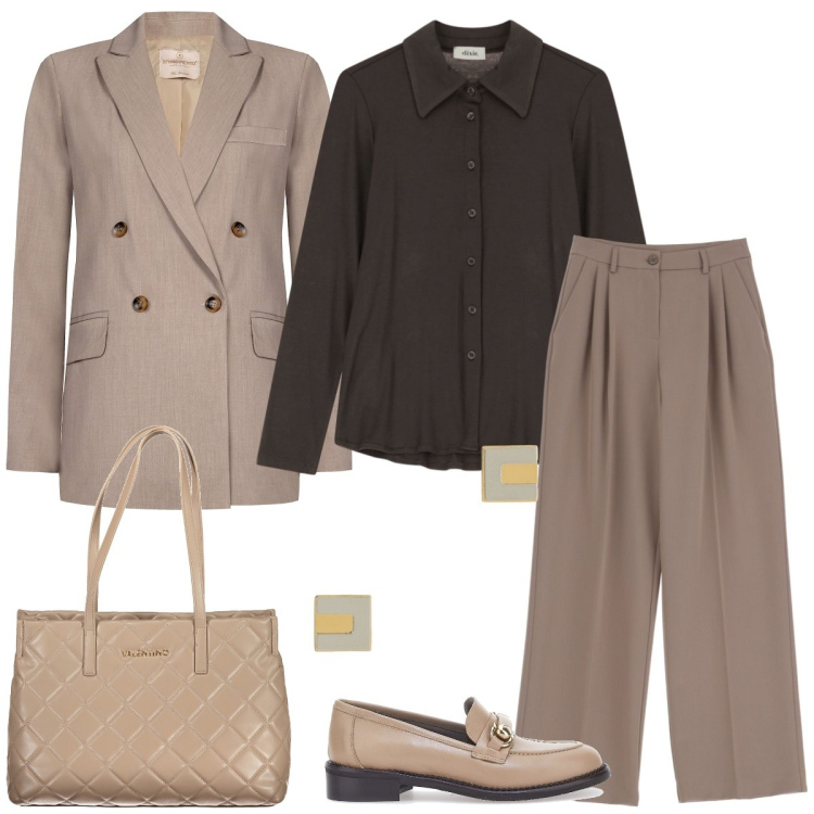 Outfit donna - Total look #1952229. Stile Mannish per Ufficio. Abbinamento con blazer, pantaloni, camicie, mocassini, borse a spalla, orecchini.