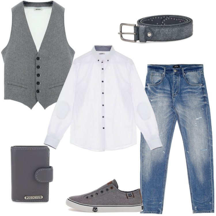Outfit uomo - Una serata fuori in gilet. Stile Trendy per Serata speciale. Abbinamento con gilet, jeans dritti, camicie, sneakers, portafogli, cinture.
