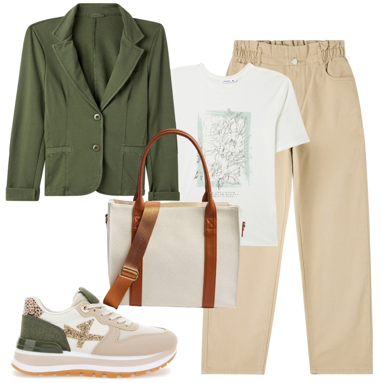 Outfit donna - La giacca elasticizzata versatile. Stile Casual chic per Tutti i giorni. Abbinamento con pantaloni, t-shirt, shopping bag, blazer, sneakers.