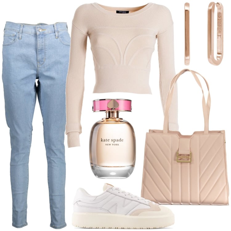 Outfit donna - Bentornato autunno. Stile Casual chic per Tutti i giorni. Abbinamento con profumi, orecchini, sneakers, maglieria, borse a spalla, jeans skinny.