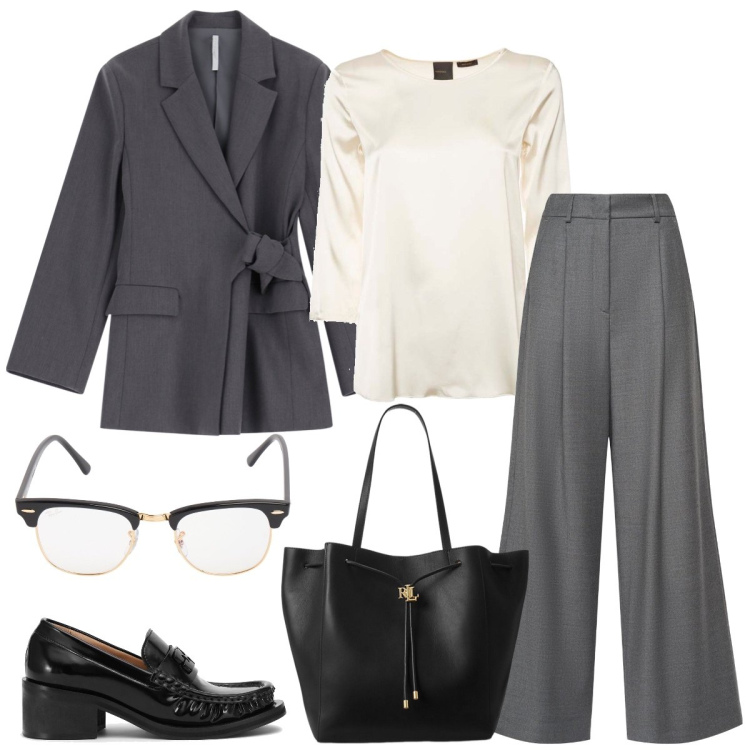 Outfit donna - Total look #1952234. Stile Mannish per Ufficio. Abbinamento con blazer, borse tote, pantaloni, bluse, mocassini, occhiali da sole.