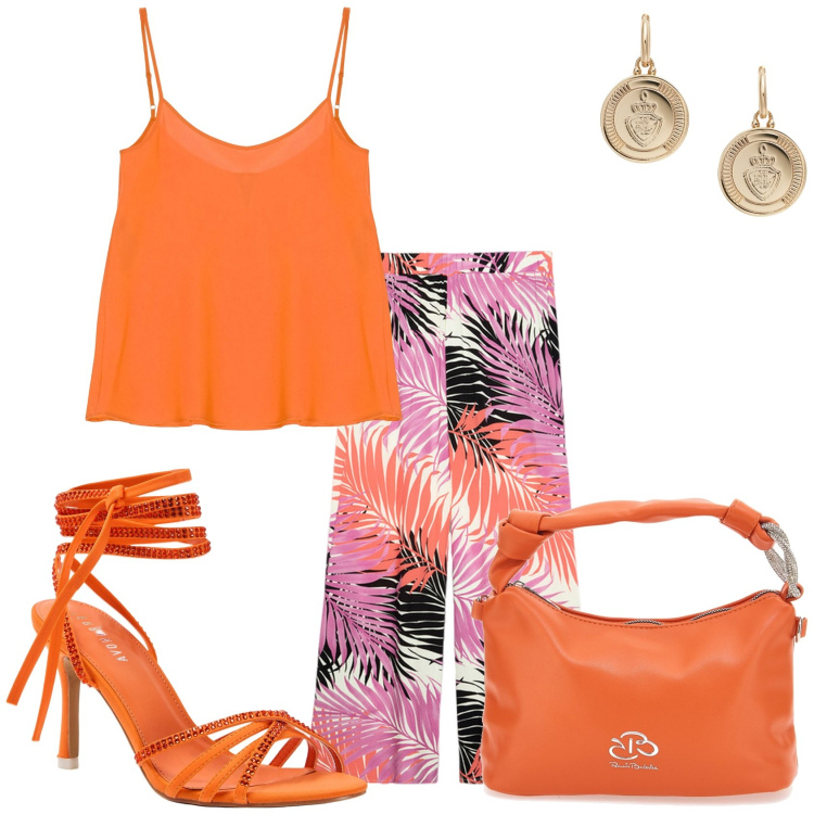 Outfit donna - La serata estiva. Stile Glamour per Serata fuori. Abbinamento con sandali alla schiava, top, orecchini, pantaloni a palazzo, borse a mano.