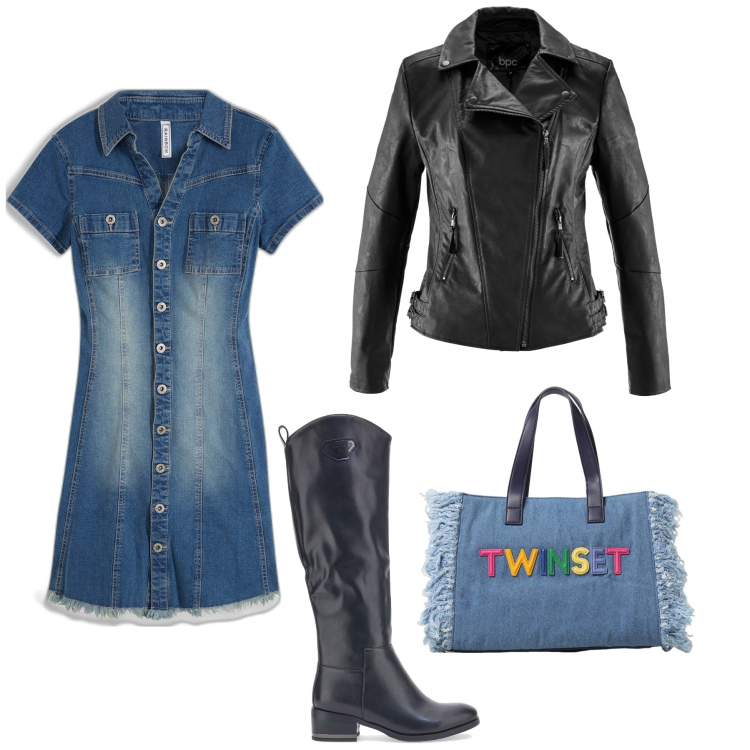 Outfit donna - Il mini abito in jeans. Stile Casual per Tutti i giorni. Abbinamento con blazer, vestiti, stivali, borse a mano.