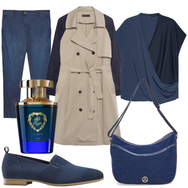 Outfit donna - Total look #1952247. Stile Casual chic per Ufficio. Abbinamento con mocassini, profumi, trench, bluse, jeans, borse a tracolla.
