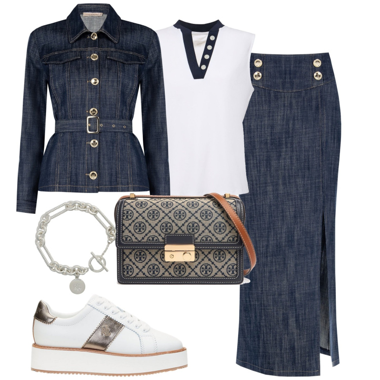 Outfit donna - Urban chic. Stile Casual chic per Tutti i giorni. Abbinamento con gonne lunghe, blazer, braccialetti, sneakers, borse a spalla, canottiere.