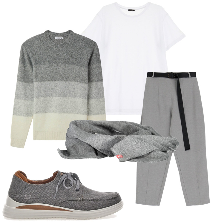 Outfit uomo - Sfumature. Stile Casual per Tutti i giorni. Abbinamento con maglieria, t-shirt, pantaloni, scarpe stringate, sciarpe.